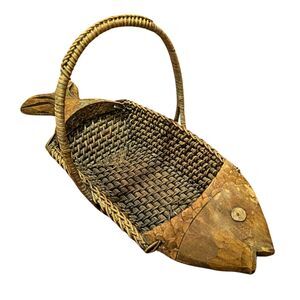 Vintage Wood & Wicker Fish-Shaped Bread Basket